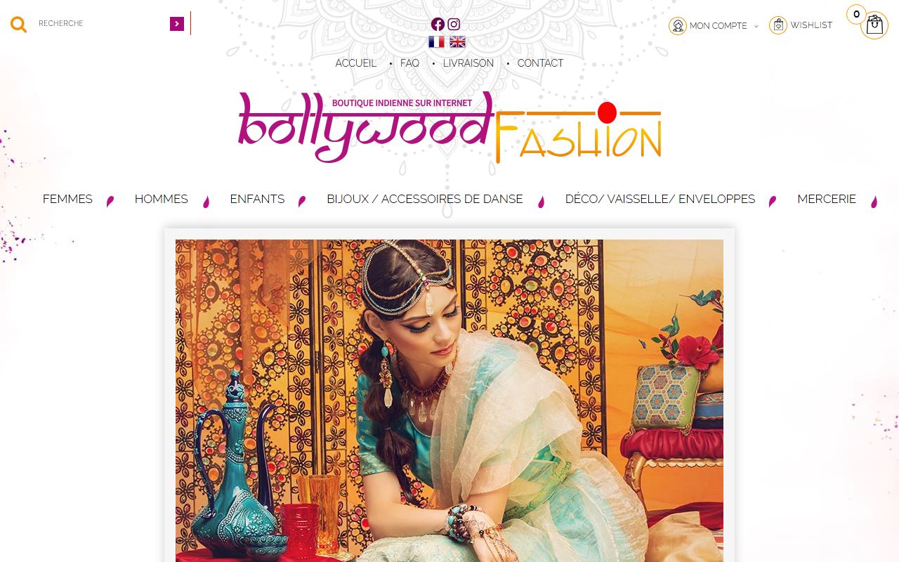 Page d’accueil de Bollywood Fashion : rayons femmes, hommes, enfants, bijoux et accessoires de danse, visuel de sari turquoise