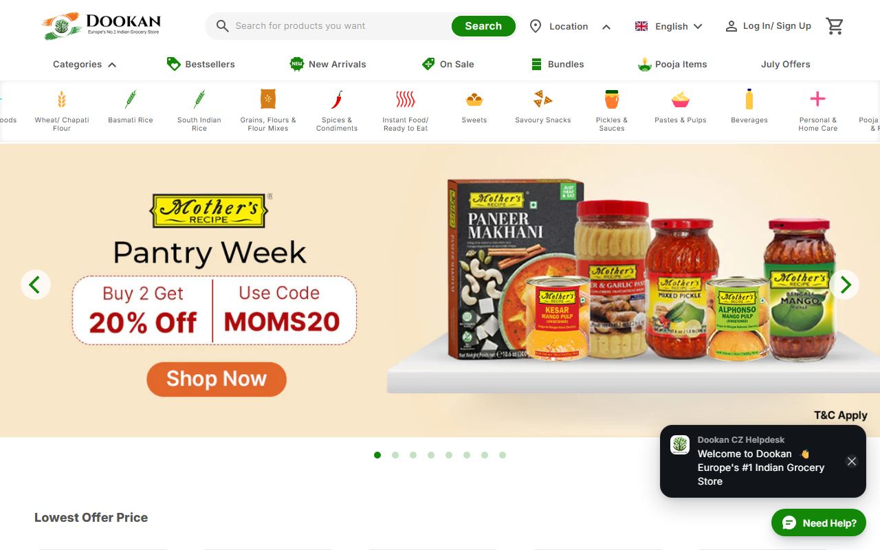 Page d’accueil de Dookan : rayons riz, farines, épices et condiments, promotion Pantry Week sur les produits Mother’s Recipe