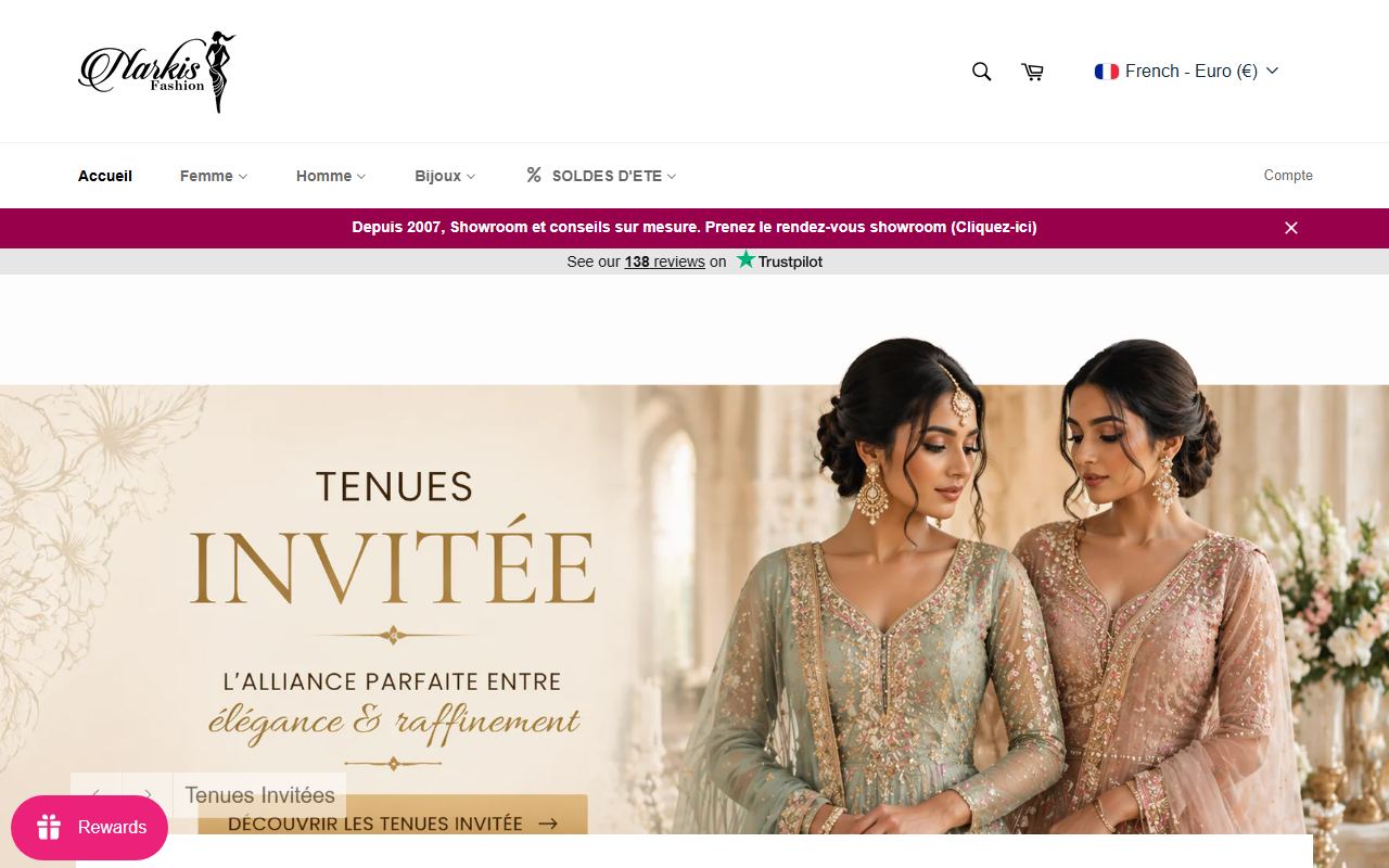 Page d’accueil de Narkis Fashion : bannière tenues de mariage, showroom depuis 2007 et note Trustpilot affichée