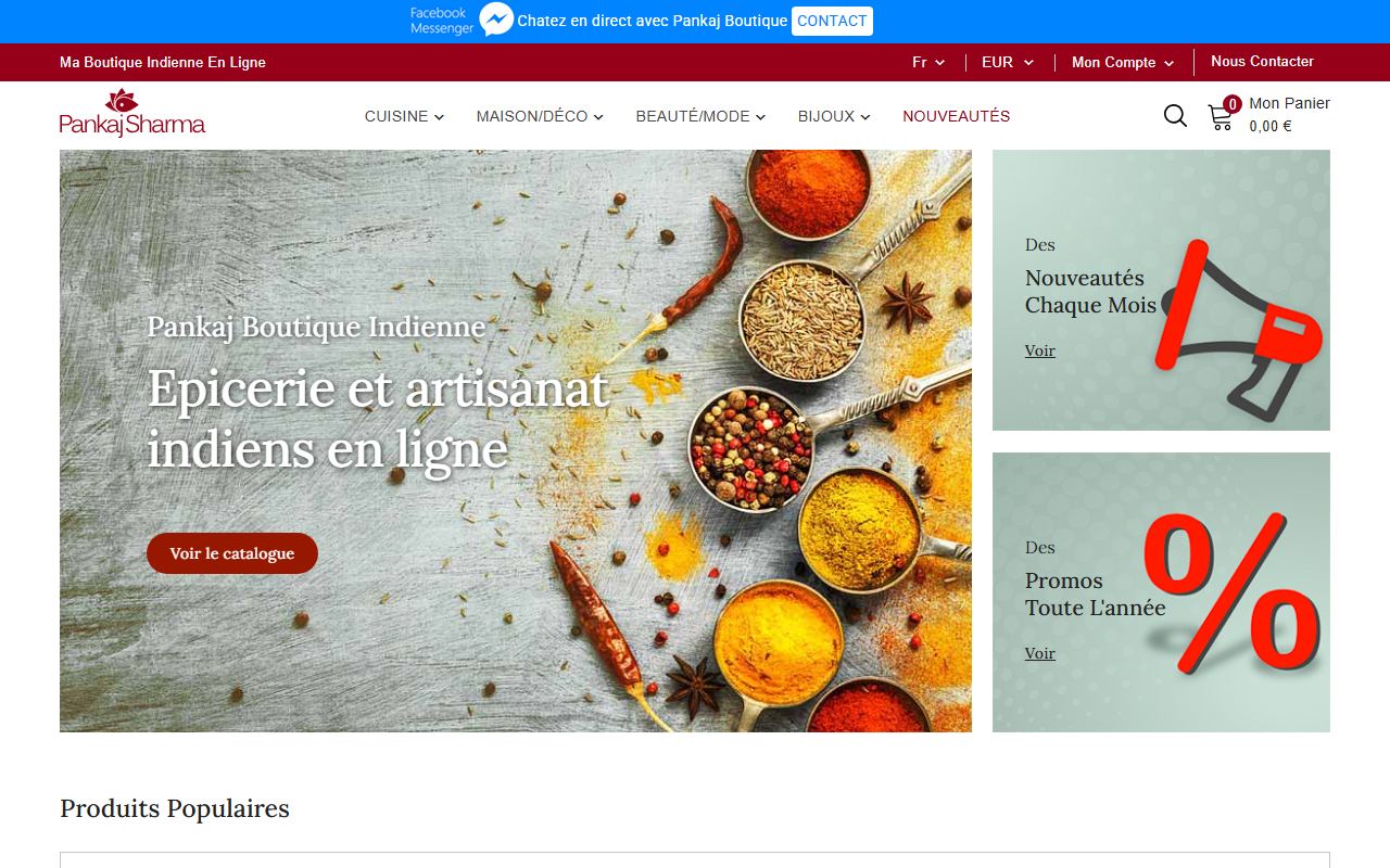 Page d’accueil de Pankaj Boutique : menu cuisine, maison, beauté et bijoux, bannière épicerie et artisanat indiens en ligne